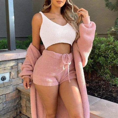 Fluffy Pajamas Set for Women Casual Sleepwear Tank Top and Shorts Plus Size Hoodie Leisure Home suit Winter 3 Pieces Pajamas