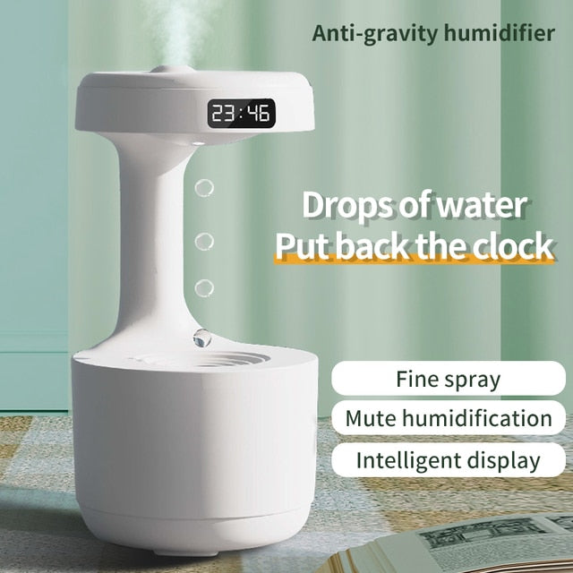 Anti-gravity Droplet Humidifier, 800ml Water Capacity Mini Air Humidifier with LED Smart Display Clock, USB rechargeable Quiet Humidifier