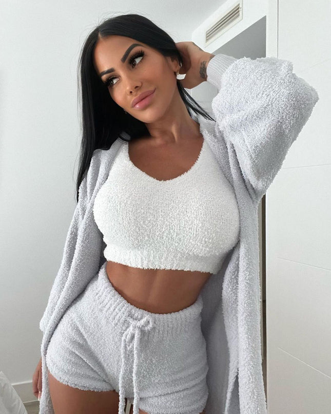 Fluffy Pajamas Set for Women Casual Sleepwear Tank Top and Shorts Plus Size Hoodie Leisure Home suit Winter 3 Pieces Pajamas
