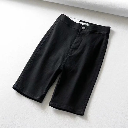 High Rise Stretchy Denim Shorts with Zipper Closure