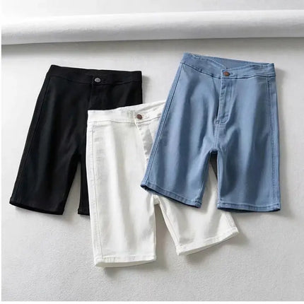High Rise Stretchy Denim Shorts with Zipper Closure