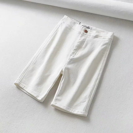 High Rise Stretchy Denim Shorts with Zipper Closure
