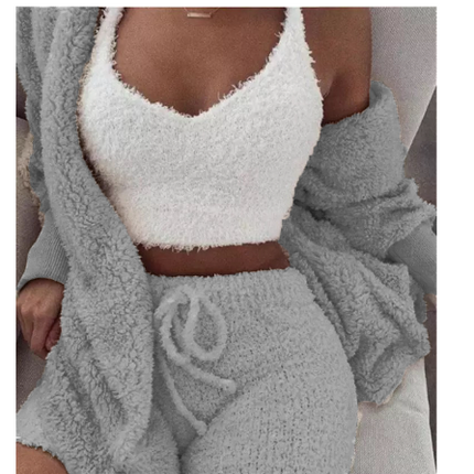 Fluffy Pajamas Set for Women Casual Sleepwear Tank Top and Shorts Plus Size Hoodie Leisure Home suit Winter 3 Pieces Pajamas