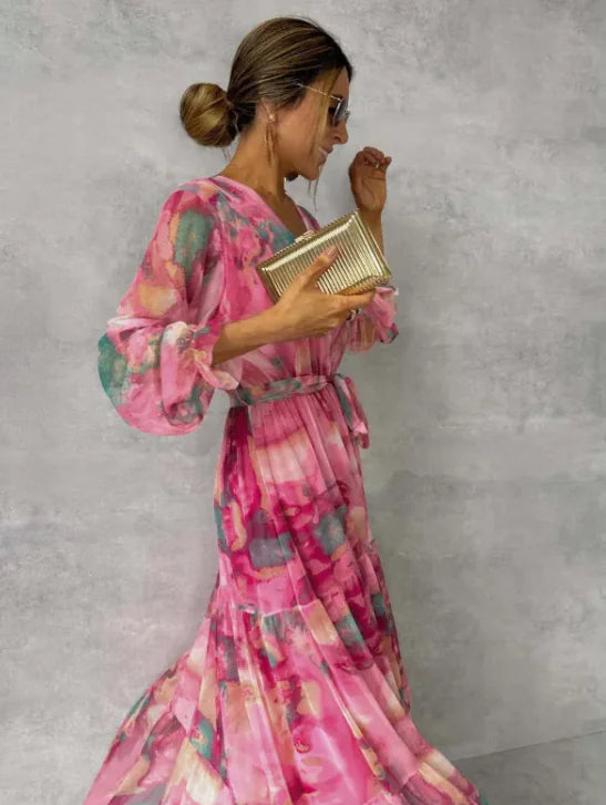 Elegant Drawstring Patchwork Big Swing Chiffon Dress