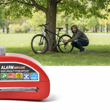 Alarm Disc Lock, Reinforced Disc Brake Lock with 3 keys, Heavy Duty Anti-Theft Motorcycle Lock with Alarm,110dB, Weather-Resistant, Reminder Cable, Pouch, Motorbike Moped E-Bike