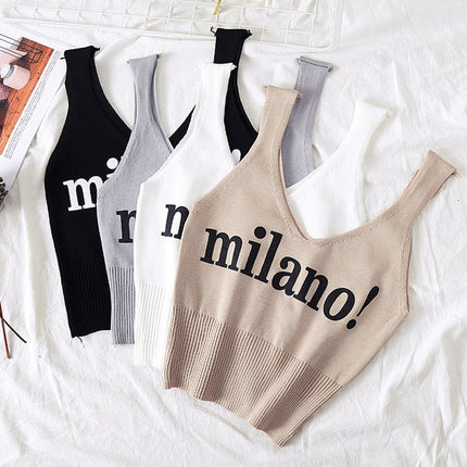 Female Sexy Crop Top Fashion Lettering Milano Camisoles Lady Chic White Crop Top
