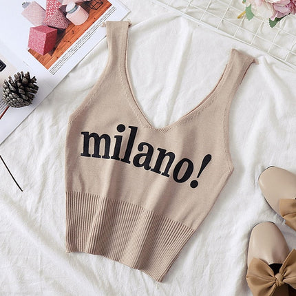Female Sexy Crop Top Fashion Lettering Milano Camisoles Lady Chic White Crop Top