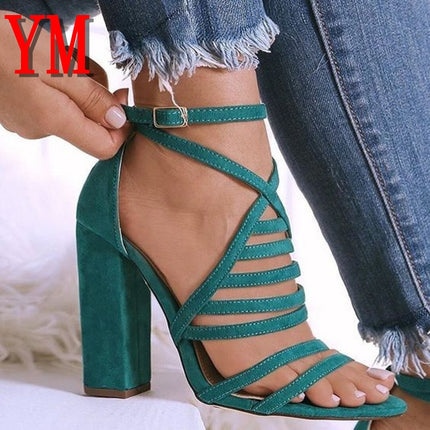 Green Round Toe Chunky Cross Strap Buckle Fashion High-Heeled Sandals