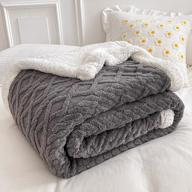 Thick Bed Blanket Double Sided Lamb Cashmere Fleece Plaid Throw Sofa Cover