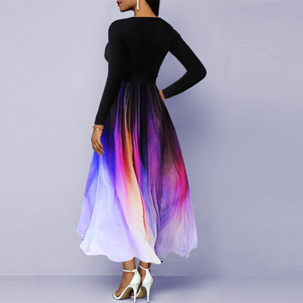 Women Elegant Long Sleeve V-neck Gradient Color Printed High Waist Dress