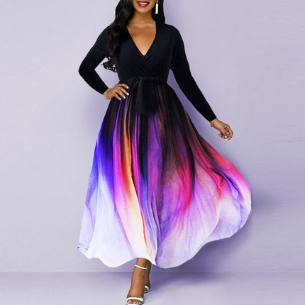 Women Elegant Long Sleeve V-neck Gradient Color Printed High Waist Dress