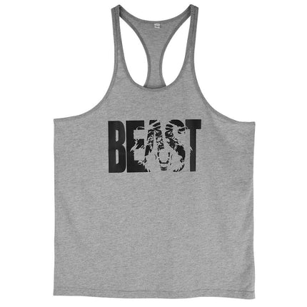 Men's Gym Workout Printed "BEAST" Tank Tops  Y Back Fitness Thin Shoulder Strap Muscle Fit Stringer Bodybuilding Extreme Tee